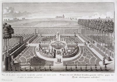 Ansicht des Formschnittgartens neben der Grotte, Geibach, graviert von Johann August Corvinus, veröffentlicht 1728 von Salomon Kleiner